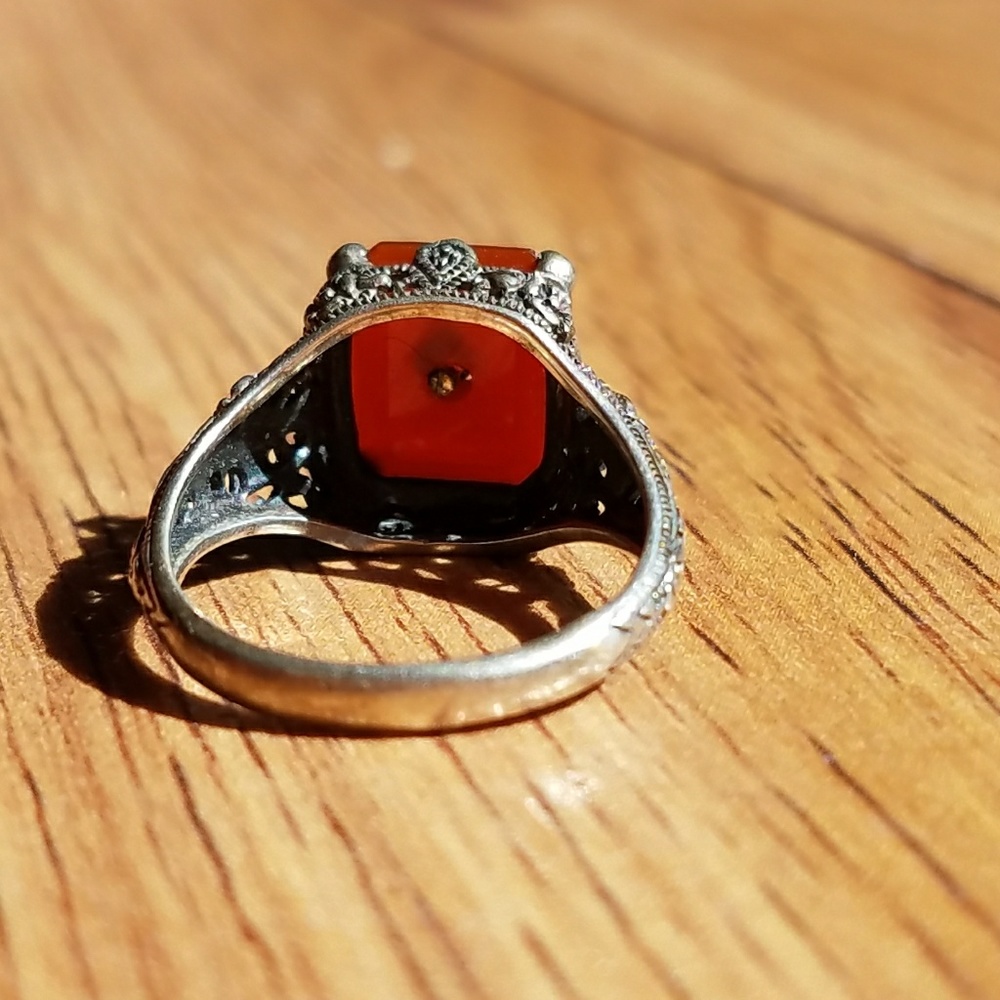 SOLD Antique Carnelian Sterling Filigree Ring - Picture 4 of 8